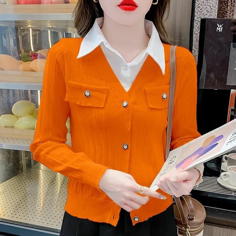 2023 New Autumn and Winter Fashion Fake Two Piece Knitted Button Long Sleeve Temperament Commuter Splice Women's Casual Top