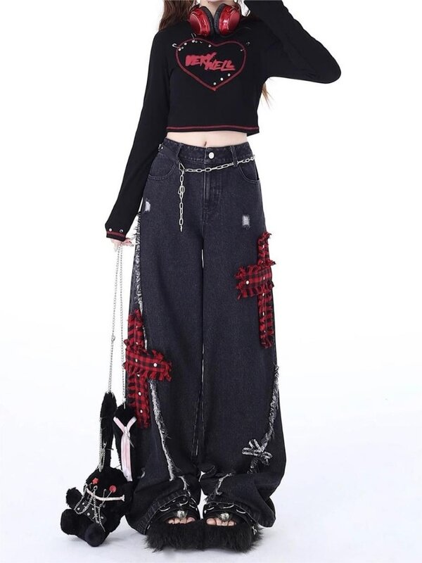 HOUZHOU celana Jin Y2k Vintage Gothic wanita Baggy celana Denim gaya Jepang Fashion Korea Streetwear Harajuku Punk Gyaru celana panjang