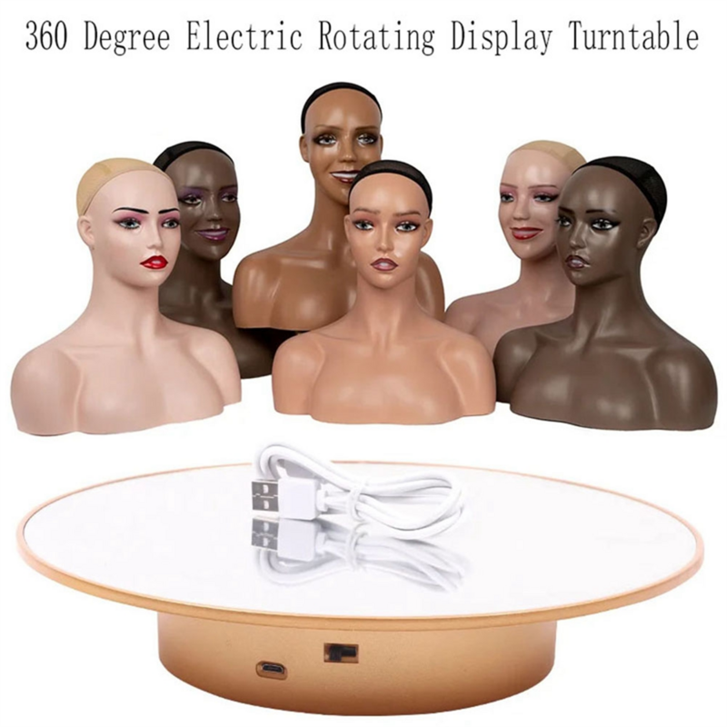 Visor Turntable motorizado para cabeça de manequim, peruca Display Stand, giratório elétrico, dourado, 360 graus