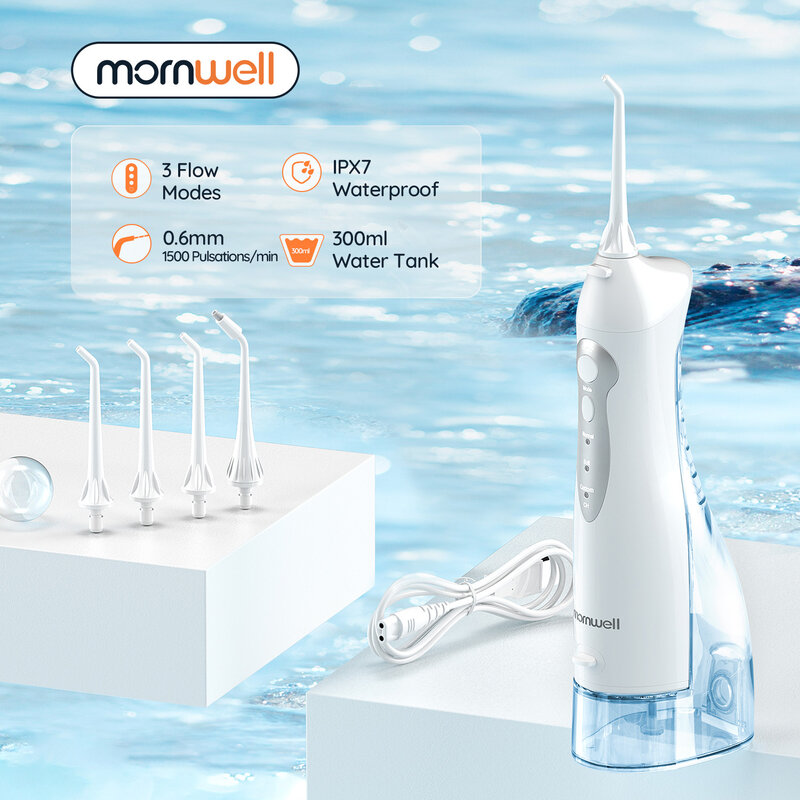 Mornwell New D52Pro Oral Irrigator Rechargeable Water Flosser Portable 300ML 4 Nozzles Dental Water Jet Waterproof Teeth Cleaner