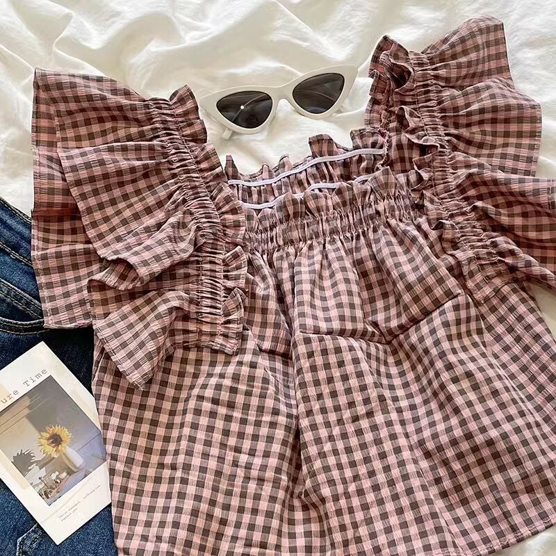 French retro plaid slimmer summer solid color short shirt