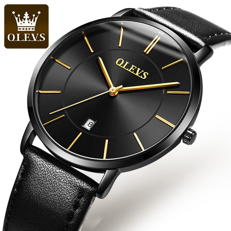 OLEVS jam tangan Quartz pria klasik, Ultra tipis, 6.5mm, kulit, tahan air dengan tanggal