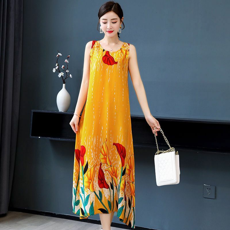 Vintage Printed O-Neck All-match Loose Sleeveless Dress Women's Clothing 2024 Summer New Oversized Office Lady Floral Dress