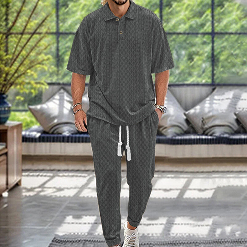 Костюм мужской из 2 предметов, повседневная однотонная Модная рубашка поло с коротким рукавом и брюки, свободного покроя, летняя одежда