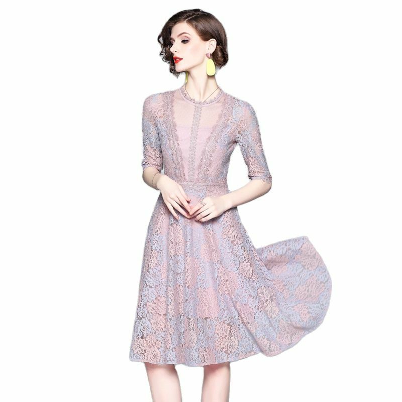 Summer 2023 New Double-color Lace Lace Sexy Mesh Medium-length A-shaped Dresses of European and American Famous Women dress