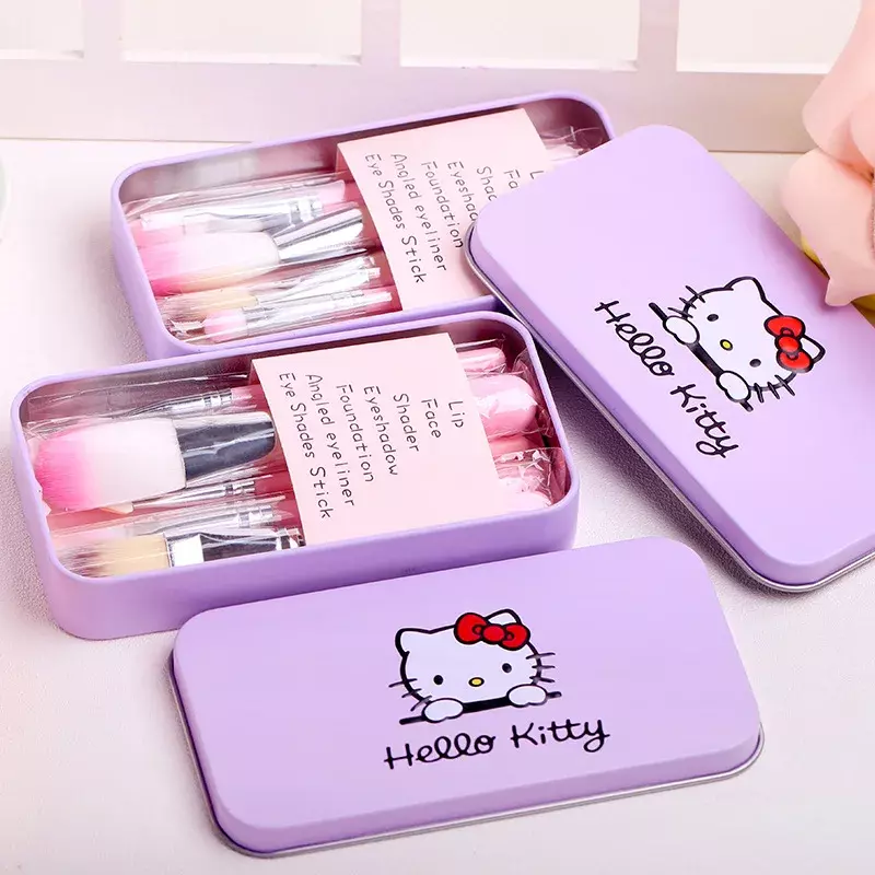 Juego de brochas de maquillaje de Hello Kitty Sanrio, herramientas de belleza para mujeres y niñas, accesorios de Anime de dibujos animados, caja de regalo para niñas