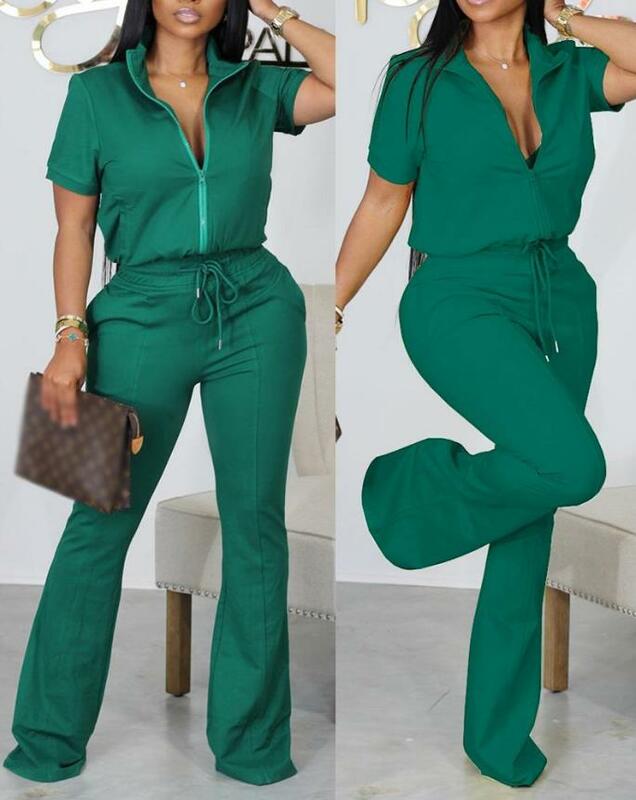 Two Peice Set for Women 2024 Summer Casual Simple Solid Color Short Sleeve Turn-Down Collar Zip Up Top & Drawstring Pants Set