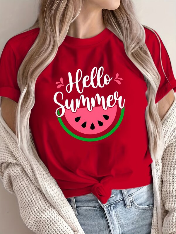 Watermelon Print Crew Neck T-shirt, Short Sleeve Casual Top For Summer & Spring, Women's Clothing