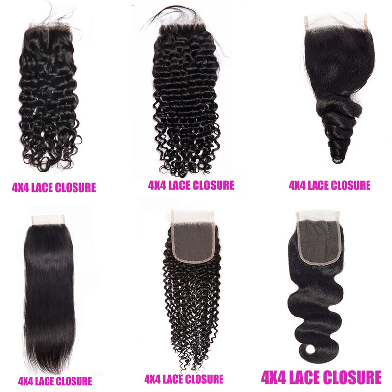 Perruque Lace Closure brésilienne Remy naturelle ondulée, cheveux humains, 12a, 4x4, Deep Curly, cheveux lisses