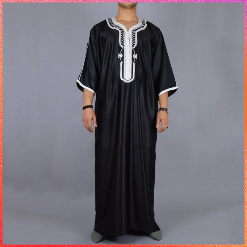 Baju Muslim hitam panjang untuk pria, baju pakaian pria, baju Muslim panjang, lengan setengah, leher Crew Arab, warna Solid, Kaftan Maxi Dubai, 1 buah