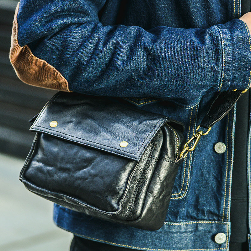 Fashion outdoor casual genuine leather men's messenger bag high quality luxury natural real cowhide black shoulder bag satchel