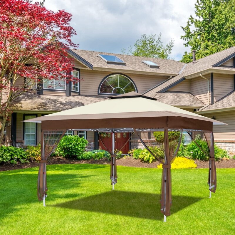 12'x12' Gazebo Outdoor Pop up Canopy Tent with Curtains and Shelter for Patio, Party & Backyard (Khaki)