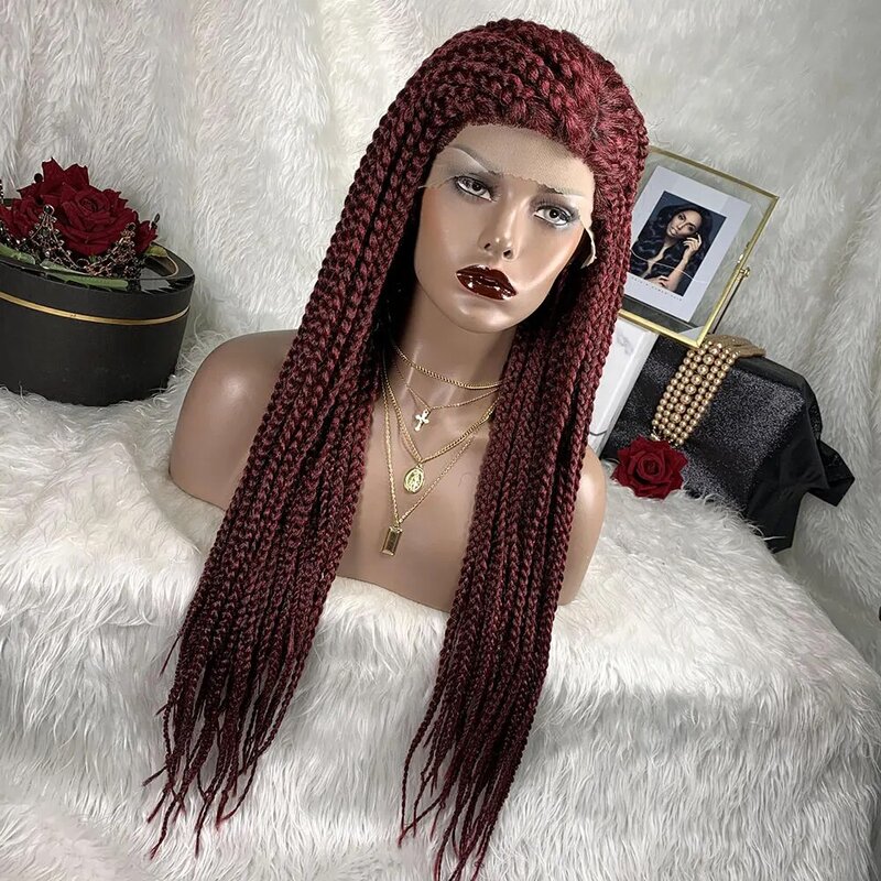 Wig kepang renda merah Burgundy Wig kepang transparan Lace Braided pre-plecked dengan rambut bayi Wig kepang kotak Afrika sintetis