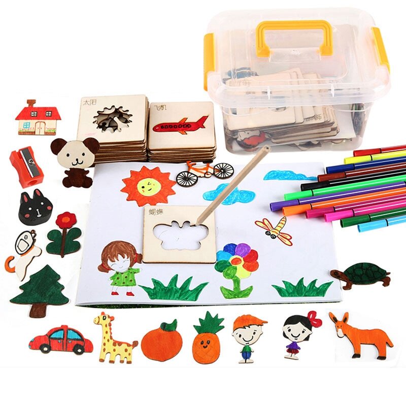 子供のための手作りの木製絵画テンプレートセット,描画鉛筆,落書きおもちゃ,描画ツール