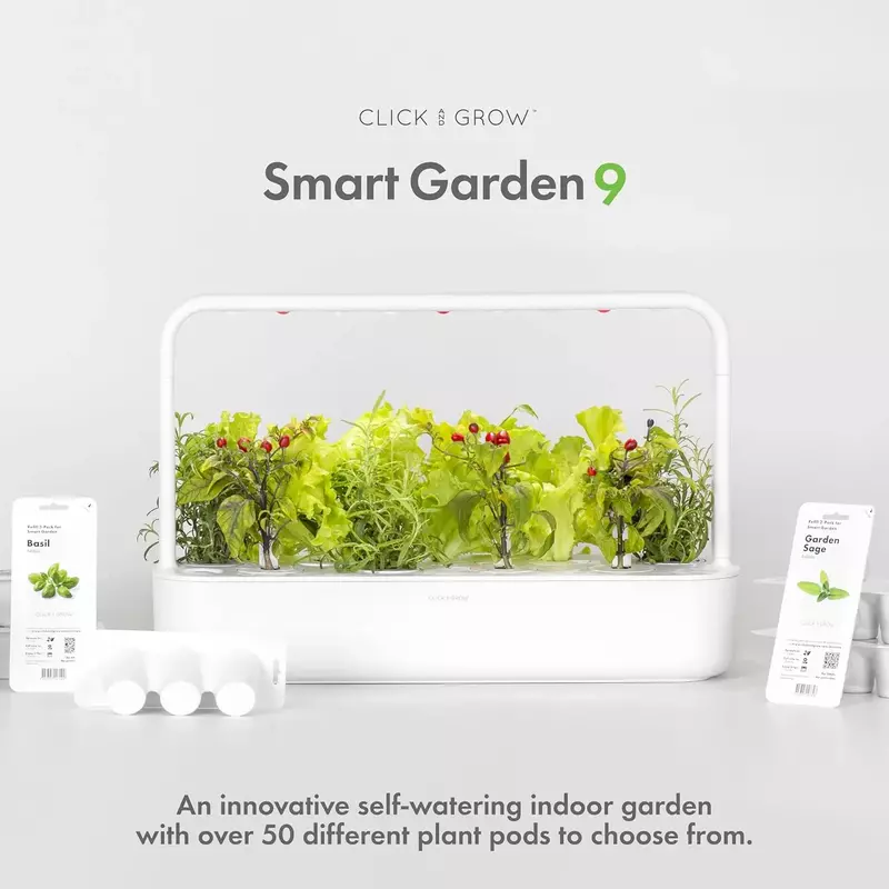 Click & Grow Kit de jardín de hierbas para interiores con luz de cultivo, más fácil que el sistema de cultivo hidropónico con 9 cápsulas de plantas, blanco