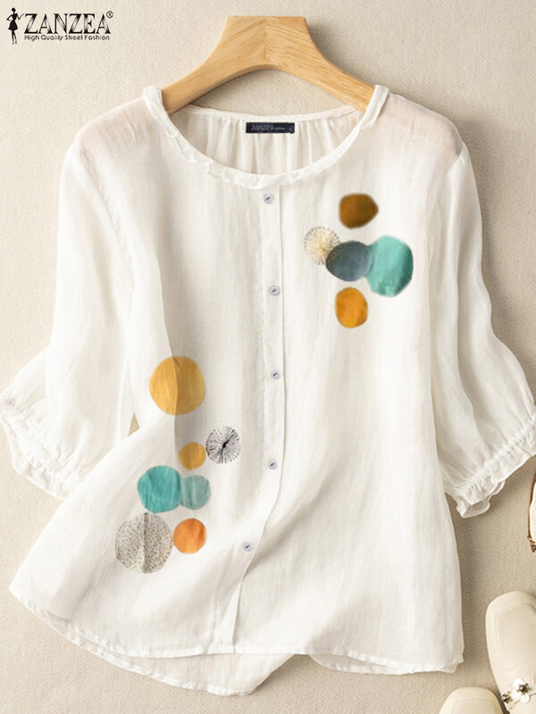 ZANZEA-tops estampados boêmio para mulheres, blusa de manga 3/4, camisa com botões vintage, túnica solta casual, feriado, verão, 2024