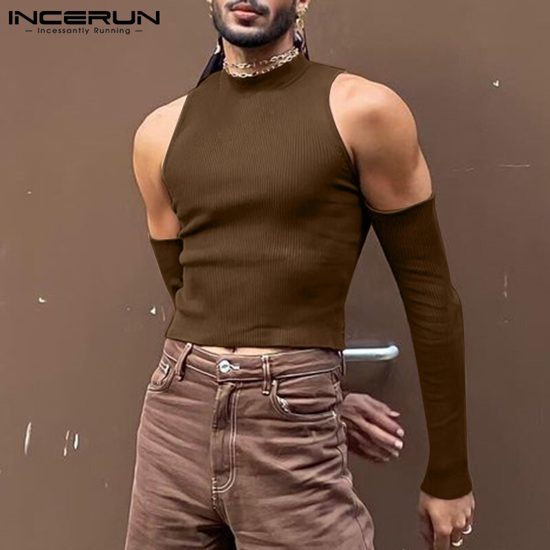 Футболка INCERUN мужская с высоким воротником, однотонная Повседневная рубашка с длинным рукавом и открытыми плечами, пикантная уличная одежда с вырезами, 2023