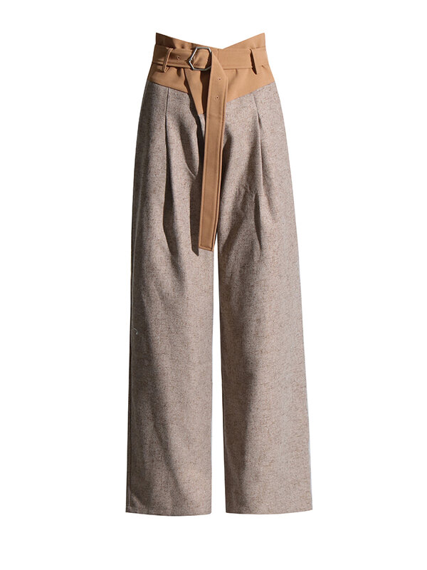 ROMISS Hit kolorowy splecione pasek do spodni dla kobiet z wysokim stanem patchworkowe kieszenie minimalistyczny Casual szerokie spodnie nogi damska moda nowa