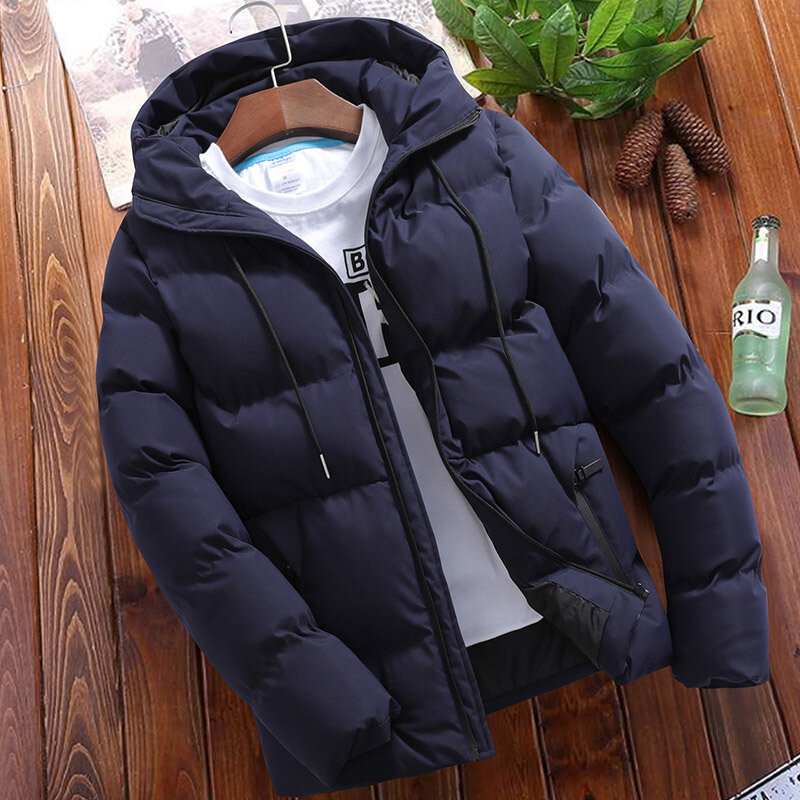 Jaqueta quente de algodão acolchoada masculina, zíper de cor sólida, com capuz, fofo, casaco casual, exterior, equitação de esqui, roupas, inverno