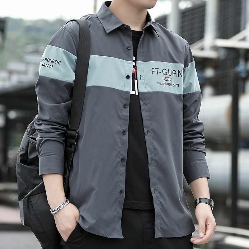 Мужская футболка высшего класса на весну и осень, повседневная Рабочая Рубашка с длинным рукавом, корейская мода, мужская одежда B0026