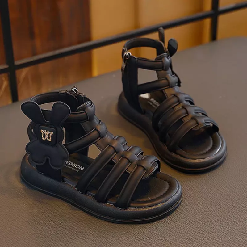 รองเท้าสานของเด็กผู้หญิงรองเท้าแตะแบบโรมันเปิดนิ้วเท้าสีเบจสีดำแฟชั่นสำหรับฤดูร้อน