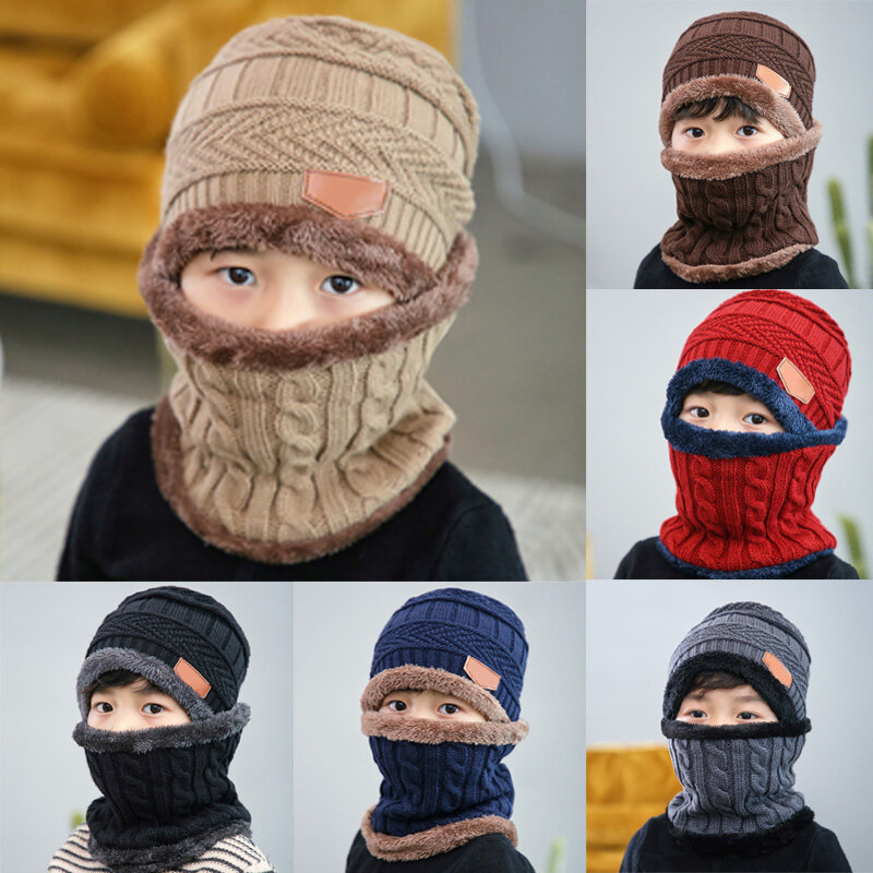 Conjunto de cachecol e boné Kids' Bean Knitted, chapéu infantil, velo quente, outono, inverno, meninos, meninas, 1 peça