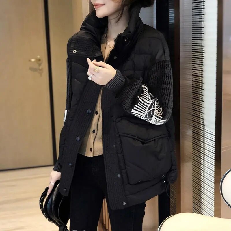 Black Short Down Jacket Women's Clothing Winter Patchwork Jacket All-match Korean Fashion New Outerwear Casacos Femininos 2023