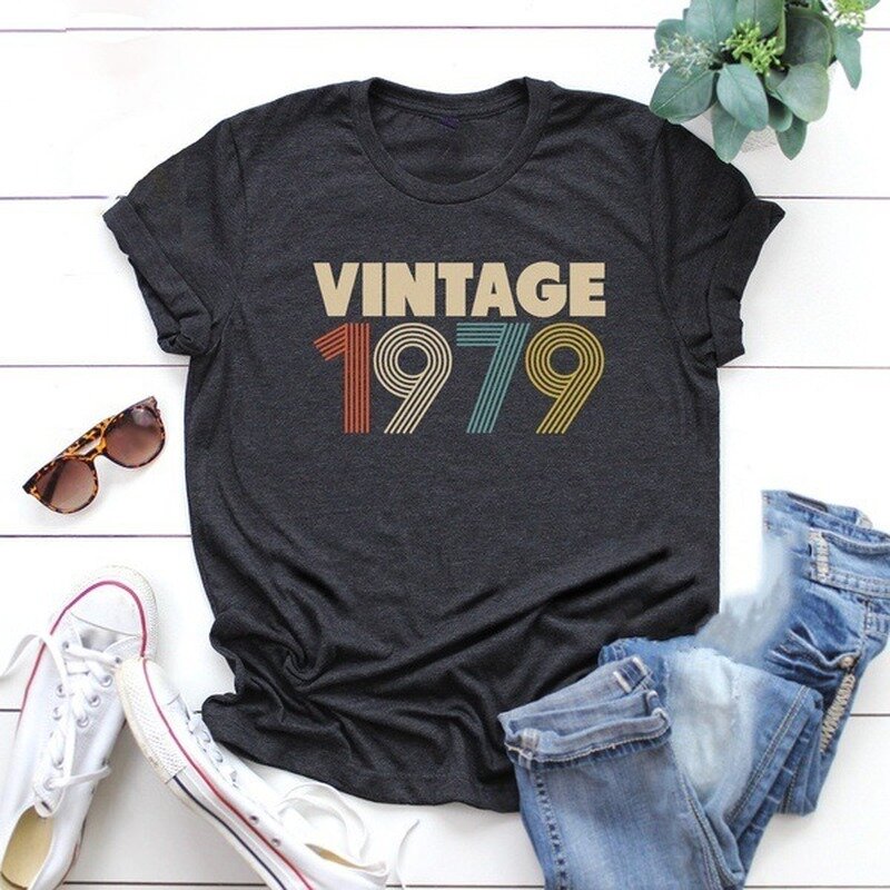 T-shirt manches courtes col rond femme, ample et VINTAGE avec lettres imprimées, été 1979