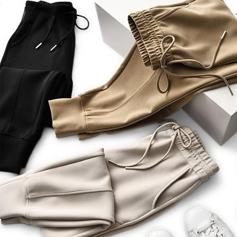Pantalones lisos sueltos que combinan con todo para mujer, pantalón de chándal deportivo informal de cintura alta elástica con cordones, primavera y otoño