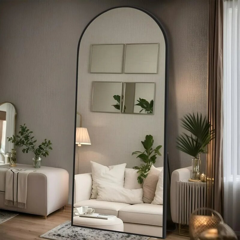 Espejo arqueado de longitud completa con soporte, marco de piso montado en la pared, espejo de cuerpo completo, colgante de pared para