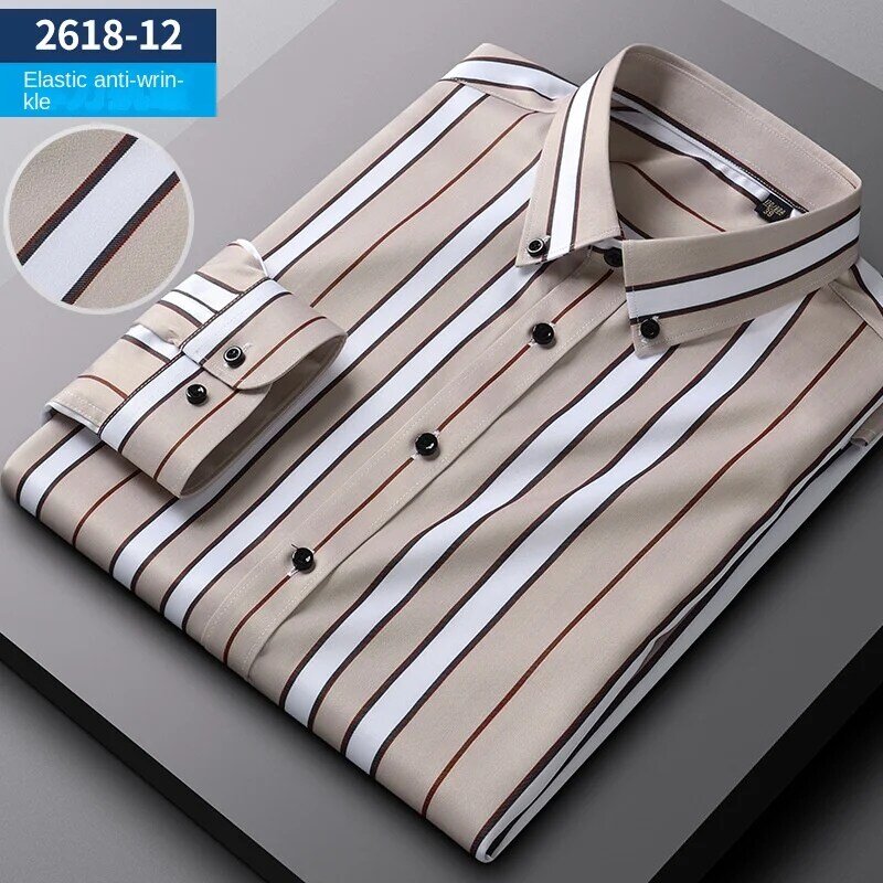 New elastic vertical stripes four seasons can be long-sleeved men's shirts  business slim non-ironing wrinkle-resistant shirts