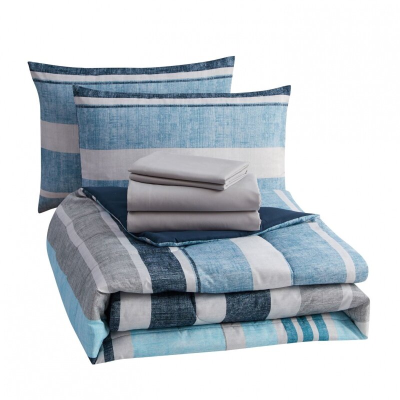 Mainstays-Juego de cama Reversible a rayas azules, edredón con sábanas, King, 7 piezas