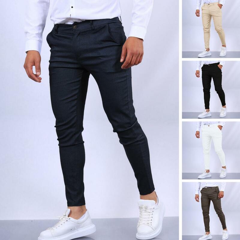 กางเกงเอวแหวนสไตล์ธุรกิจสลิมฟิตกางเกงสำหรับผู้ชายผ้าระบายอากาศยาวถึงข้อเท้ามีกระเป๋าสำหรับเดินทาง