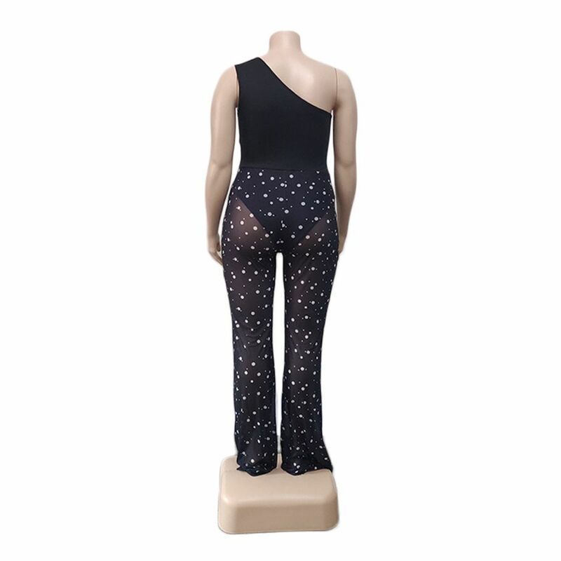 Plus Size Mesh Jumpsuit Dot Print One Shoulder Club Outfit Female Outwear Designer Pants 2023 Summer Women Fashion Jumpsuits