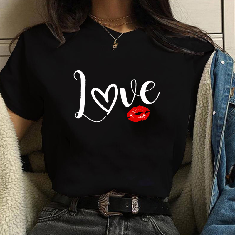 T-shirt à col rond imprimé LOVE Lips pour femmes, décontracté, mode, été, extérieur