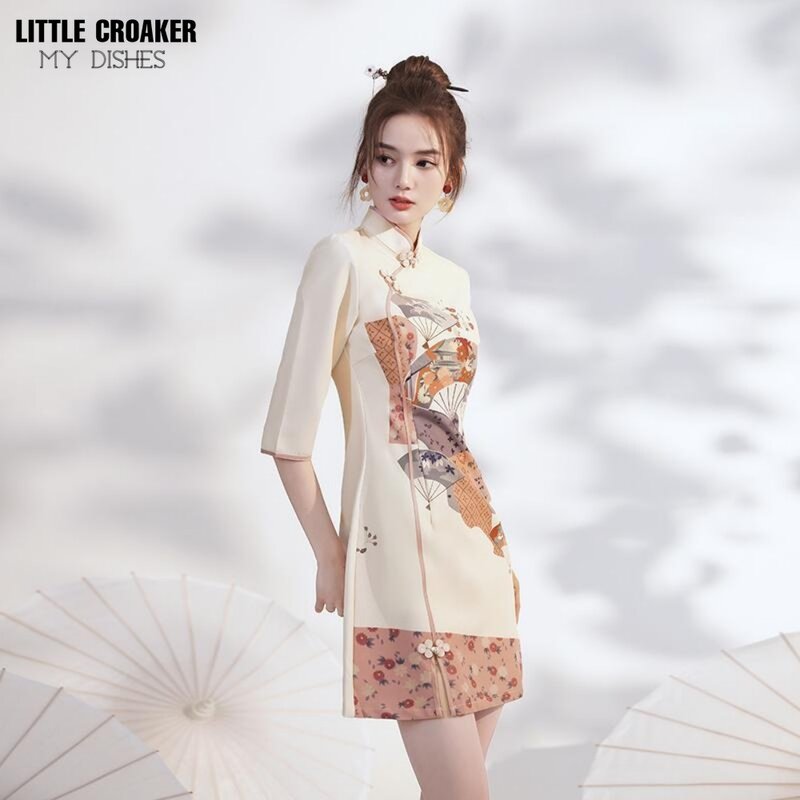 여성용 치파오 2023 여름 젊은 수정 치파오 드레스, 중국 작은 짧은 치노아제리 레트로 소녀 드레스