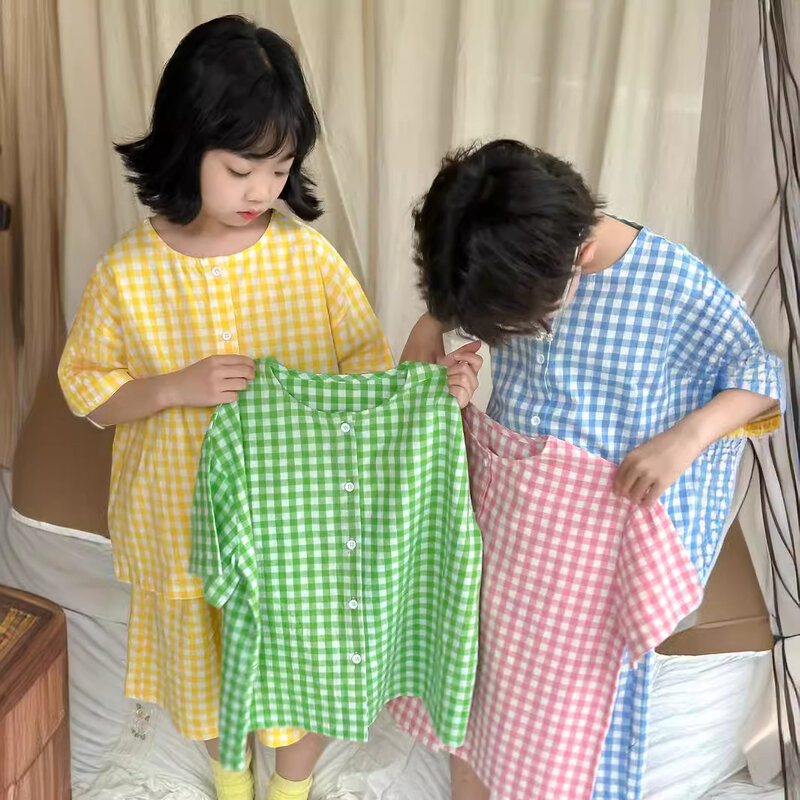 아동복 세트, 한국 스타일 격자 무늬 잠옷, 남녀공용 루즈한 반팔 반바지, 홈웨어 투피스 세트, 2024 여름