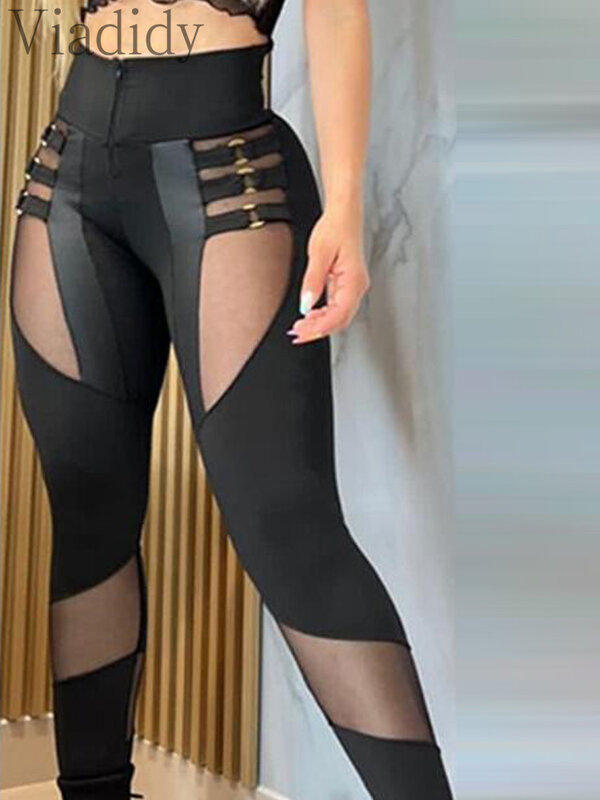 กางเกงรัดรูปโอริงผ้าตาข่ายปะต่อสีพื้นเซ็กซี่สำหรับผู้หญิง