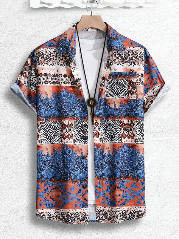 Men's Lapel Shirt Hawaiian Pattern Patchwork Print Design Women's Short Sleeve Beach Button-Down Shirt Top