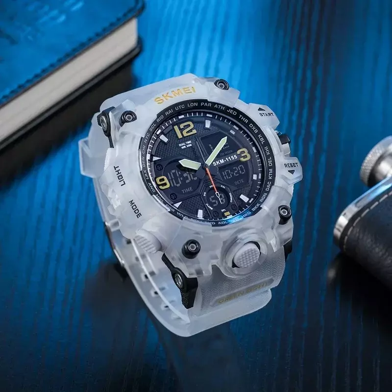 SKMEI 1155B reloj deportivo para hombre, con doble pantalla cronógrafo de pulsera, resistente al agua, estilo militar, Digital, 5bar