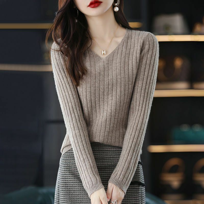 여성용 긴팔 니트 풀오버 V넥 스웨터, 기본 여성 의류, 단색 OL 스웨터, 겨울 2022 패션