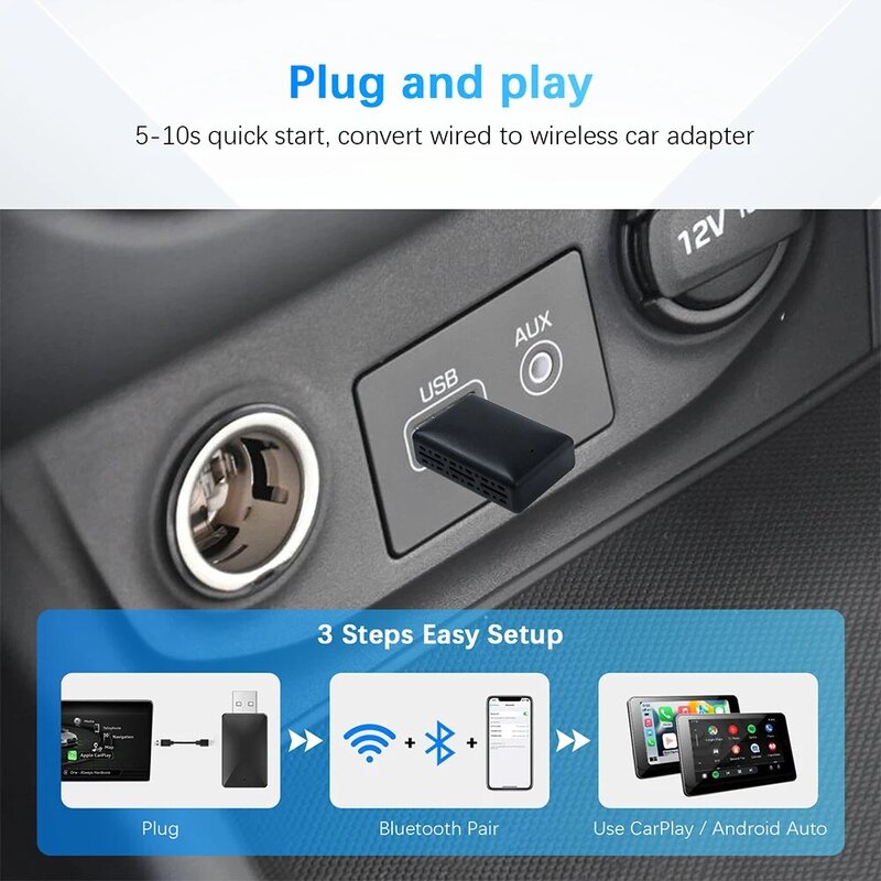 Mini Box Com Fio para Carplay Sem Fio, Android Auto AI Box, Dongle Plug and Play, Conexão Automática, Compatível com 99% dos Carros, 2 em 1, 5 Unidades