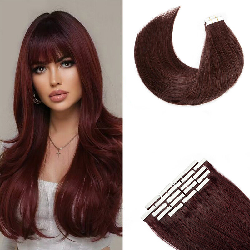 Lurus Tape dalam ekstensi rambut anggur merah # 99j rambut manusia mulus tak terlihat pita dalam ekstensi rambut Burgundy rambut untuk wanita