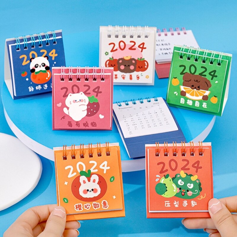 K92F 2024 Calendário de mesa de desenho animado Cute Flip Stand Planejador mensal Decoração de escritório doméstico