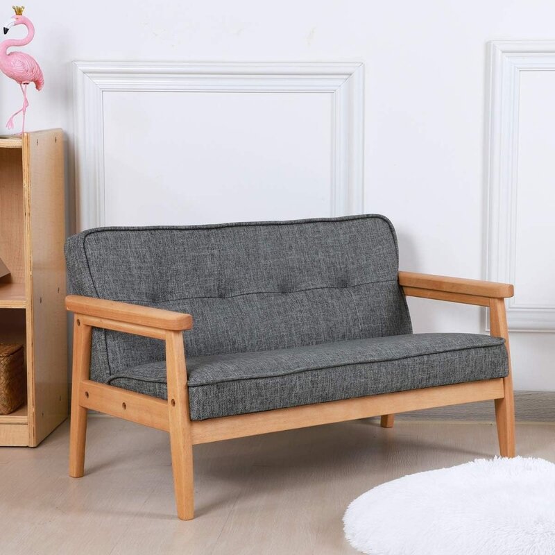 Double Seater Kid Sofa Chair, Kid Couch with Solid Wood Arm and Linen Pattern PVC for Kids Rest (Dark Grey)
