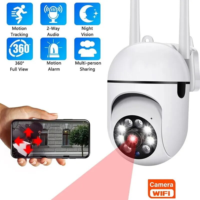 Caméra de surveillance de sécurité avec vision nocturne, détection de mouvement, sirène, WiFi, télécommande, audio bidirectionnel, étanche, 1080P HD, 355 °