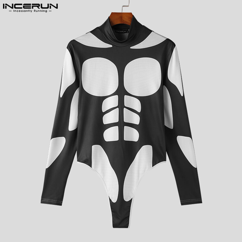 INCERUN Sexy Fashionable New Men's Rompers Casual Personalized Half High Neck Bone Printed Jumpsuits Long Sleeve Bodysuits S-5XL
