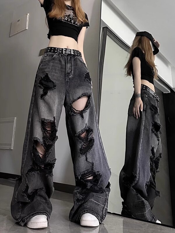 Jeans afligidos unisex americano de rua alta, gradiente, solto, reto, perna larga, preto, versátil, garota legal, verão, 2024
