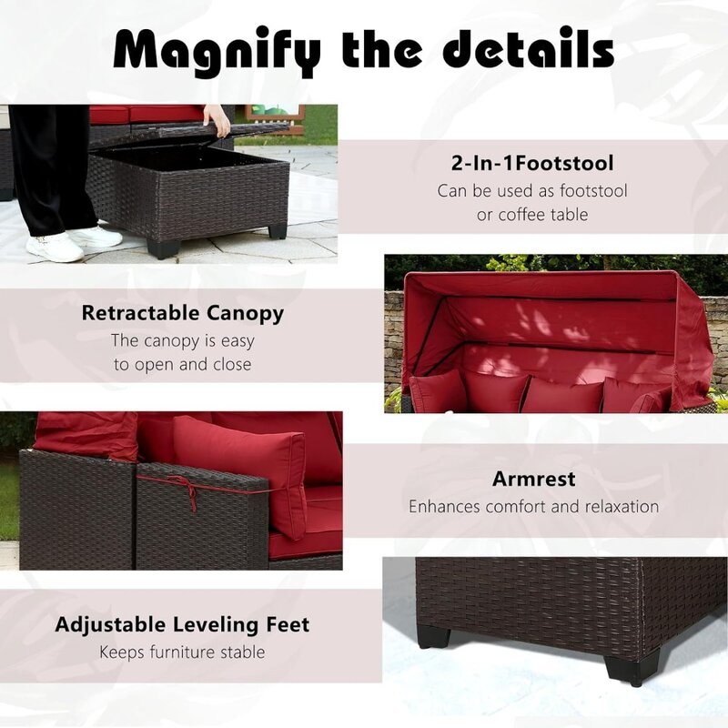 Ligbed Met Intrekbare Luifel, Rotan Sofa Set Met Verstelbare Rugleuning Voor Gratis Verzending, Tuinmeubilair Set