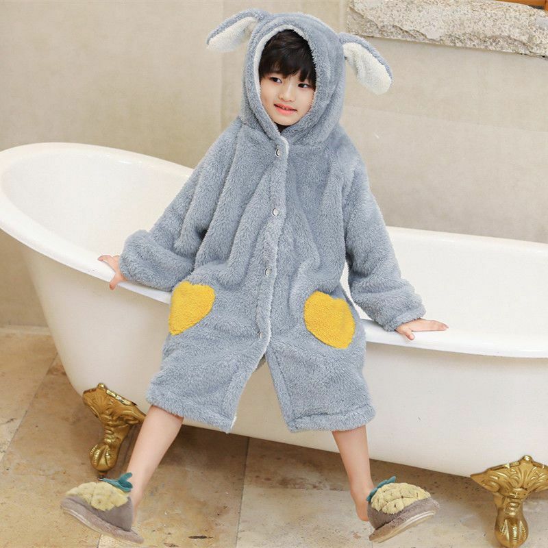 Pijama infantil com capuz de flanela, roupões de veludo coral grosso, roupas domésticas para meninos e meninas, outono e inverno